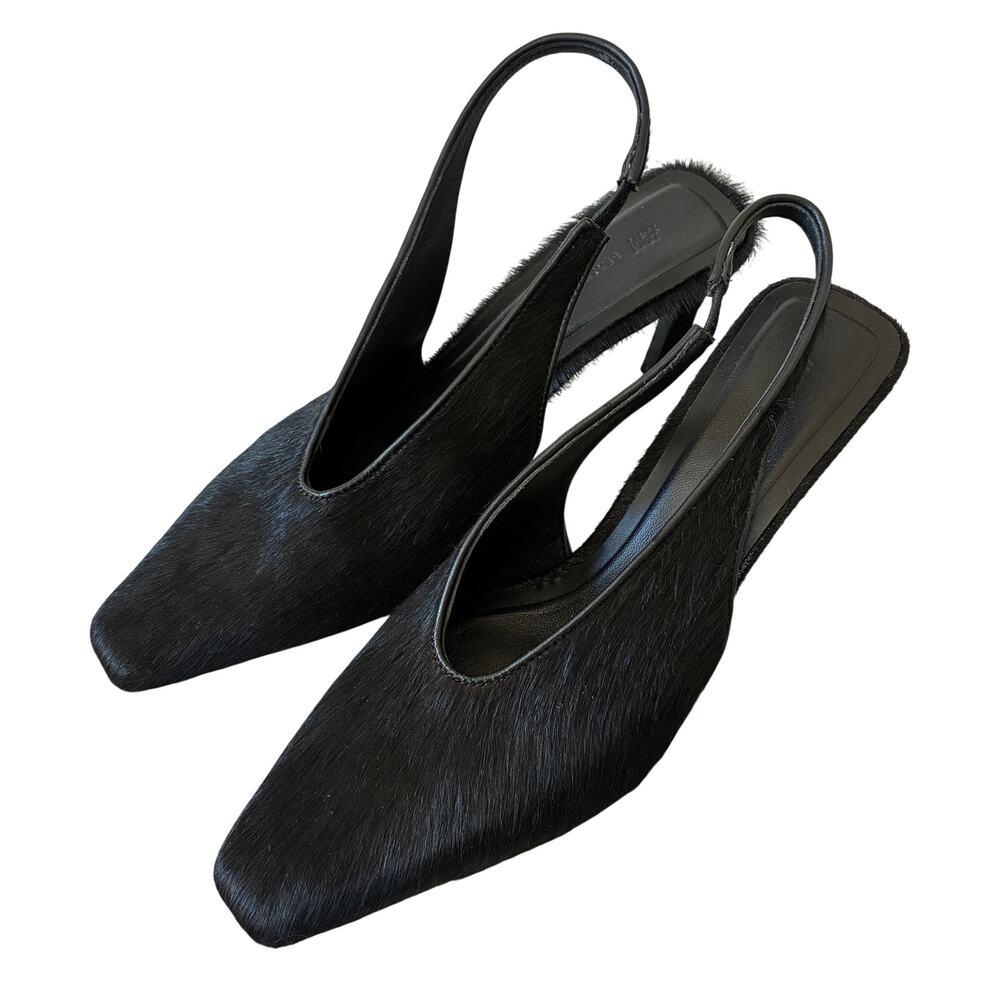 H&M Premium Heeled Black Leather Pony Hair Slingbacks Heels Size EU 38 / US 7